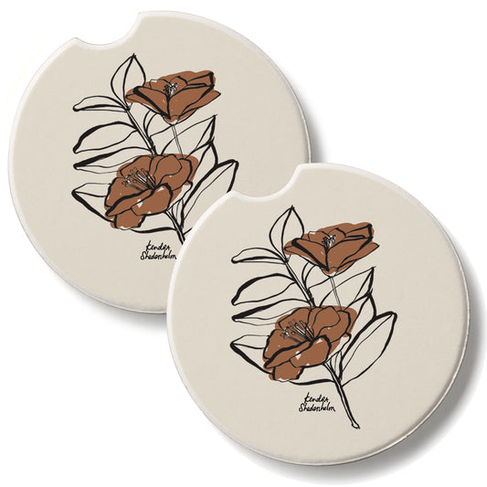 Mocha Flower 2 Pack Absorbent Stone Car Coasters 2.6" Manufactured in the USA
