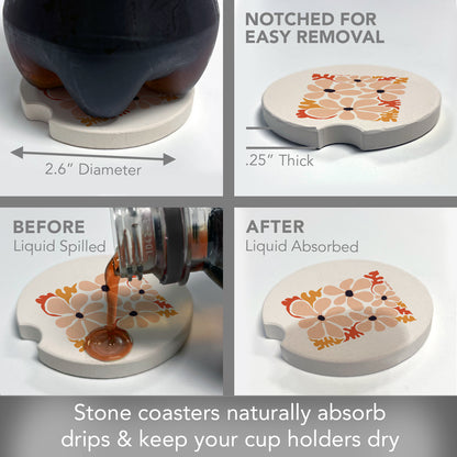 Peach Floral 2 Pack Absorbent Stone Car Coasters 2.6" Manufactured in the USA