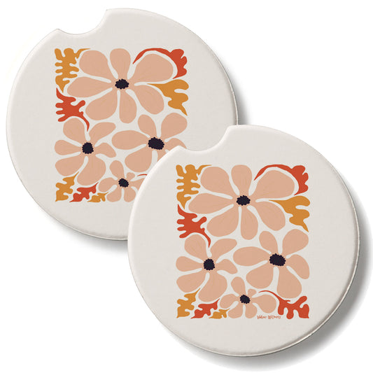 Peach Floral 2 Pack Absorbent Stone Car Coasters 2.6" Manufactured in the USA