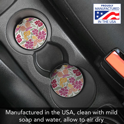 Floral Melody 2 Pack Absorbent Stone Car Coasters 2.6" Manufactured in the USA
