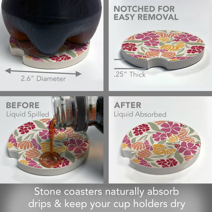 Floral Melody 2 Pack Absorbent Stone Car Coasters 2.6" Manufactured in the USA