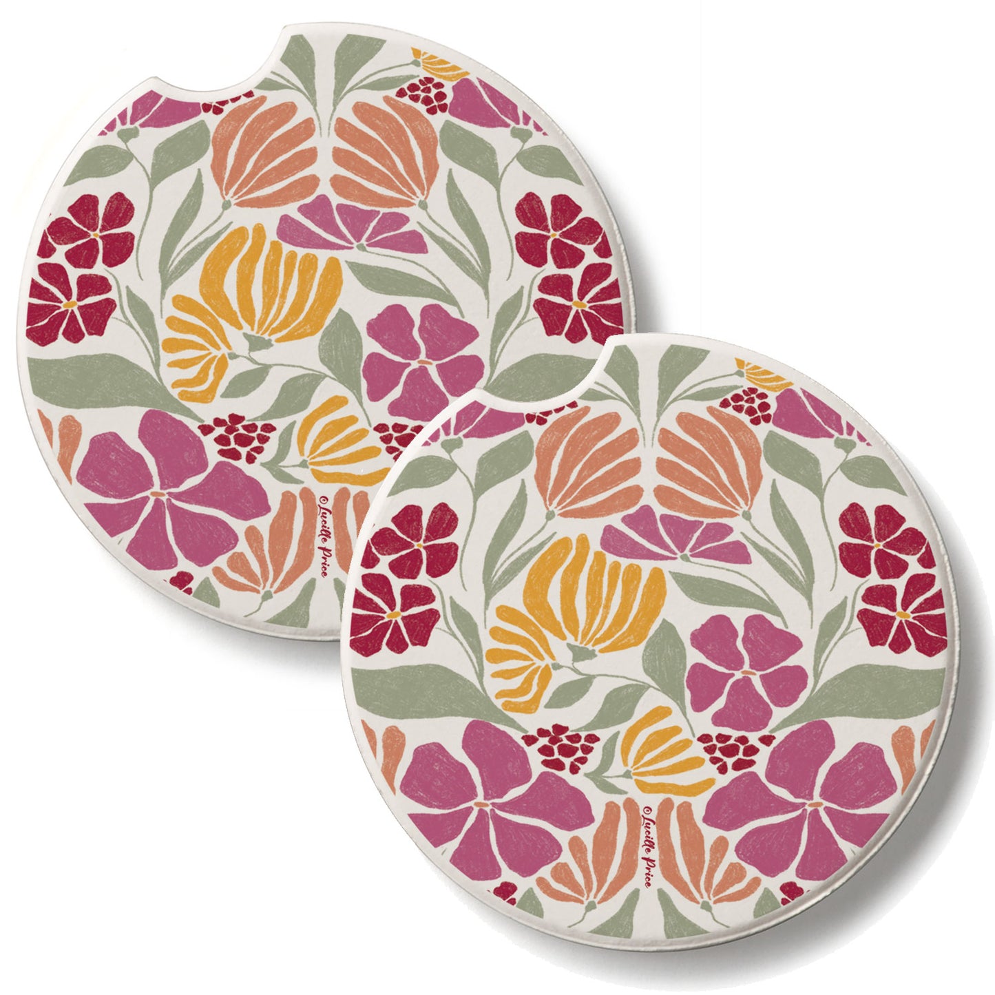 Floral Melody 2 Pack Absorbent Stone Car Coasters 2.6" Manufactured in the USA