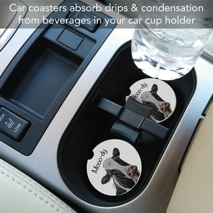 Mooo-dy 2 Pack Absorbent Stone Car Coasters 2.6" Manufactured in the USA