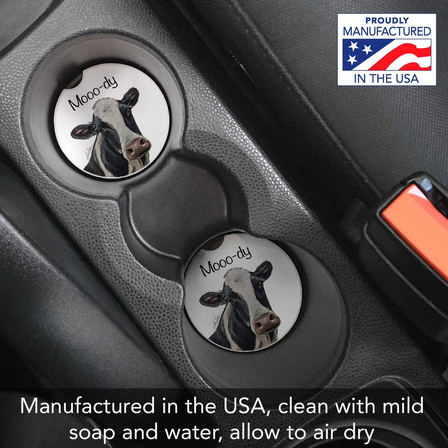 Mooo-dy 2 Pack Absorbent Stone Car Coasters 2.6" Manufactured in the USA