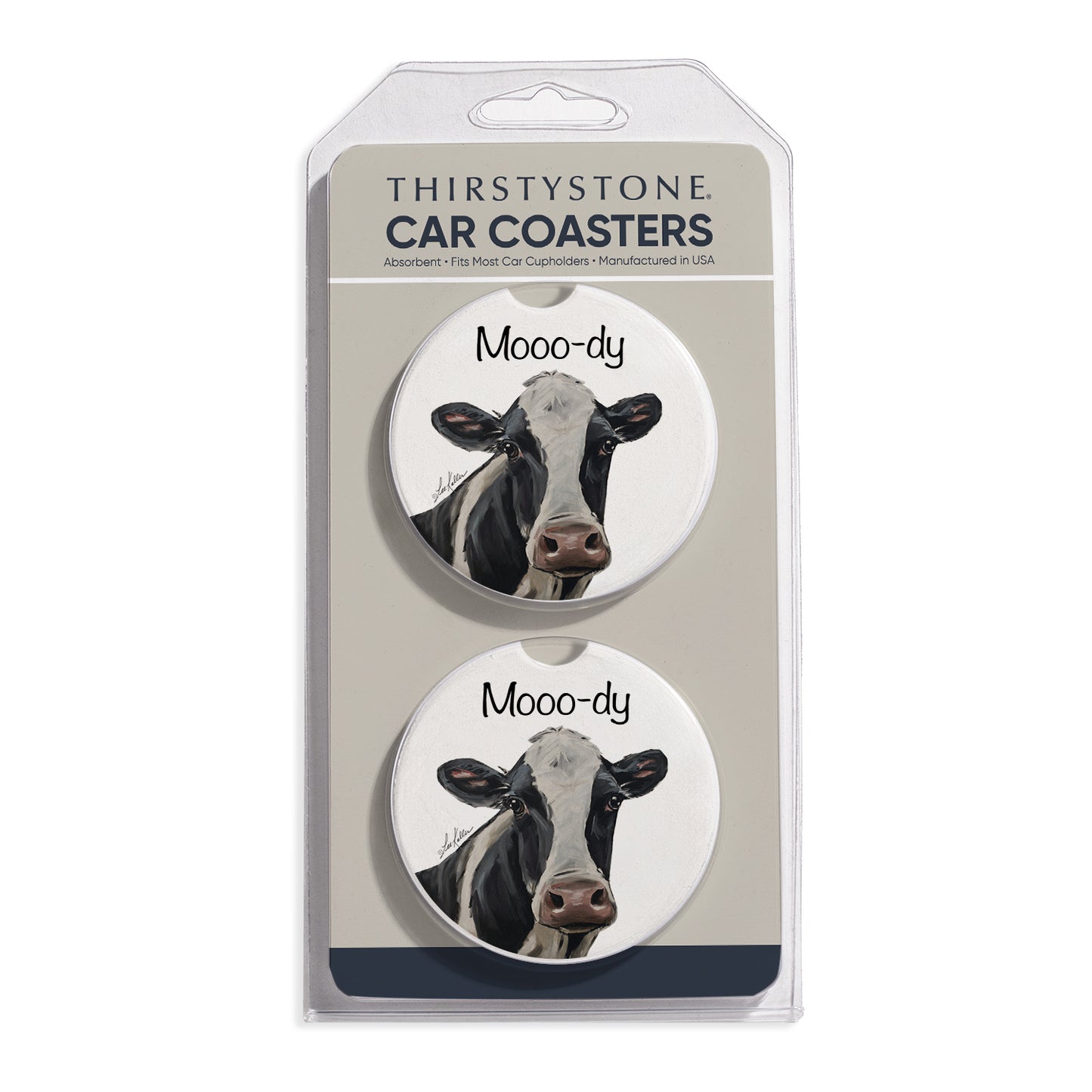 Mooo-dy 2 Pack Absorbent Stone Car Coasters 2.6" Manufactured in the USA