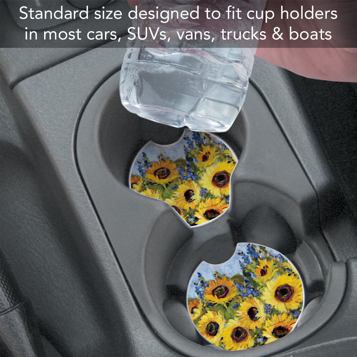 Gallery of Sunflowers 2 Pack Absorbent Stone Car Coasters 2.6" Manufactured in the USA