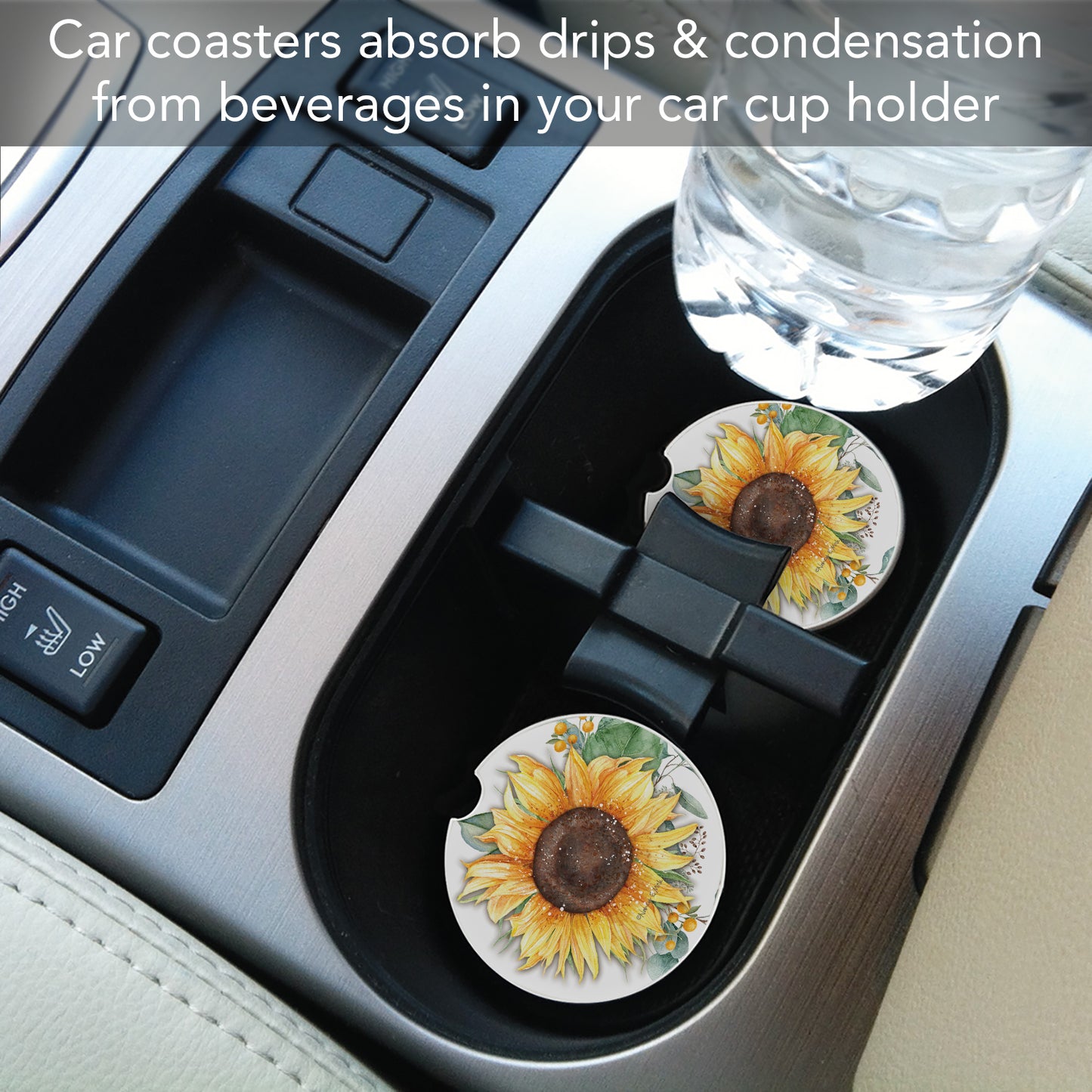 Sunflower Field 2 Pack Absorbent Stone Car Coasters 2.6" Manufactured in the USA