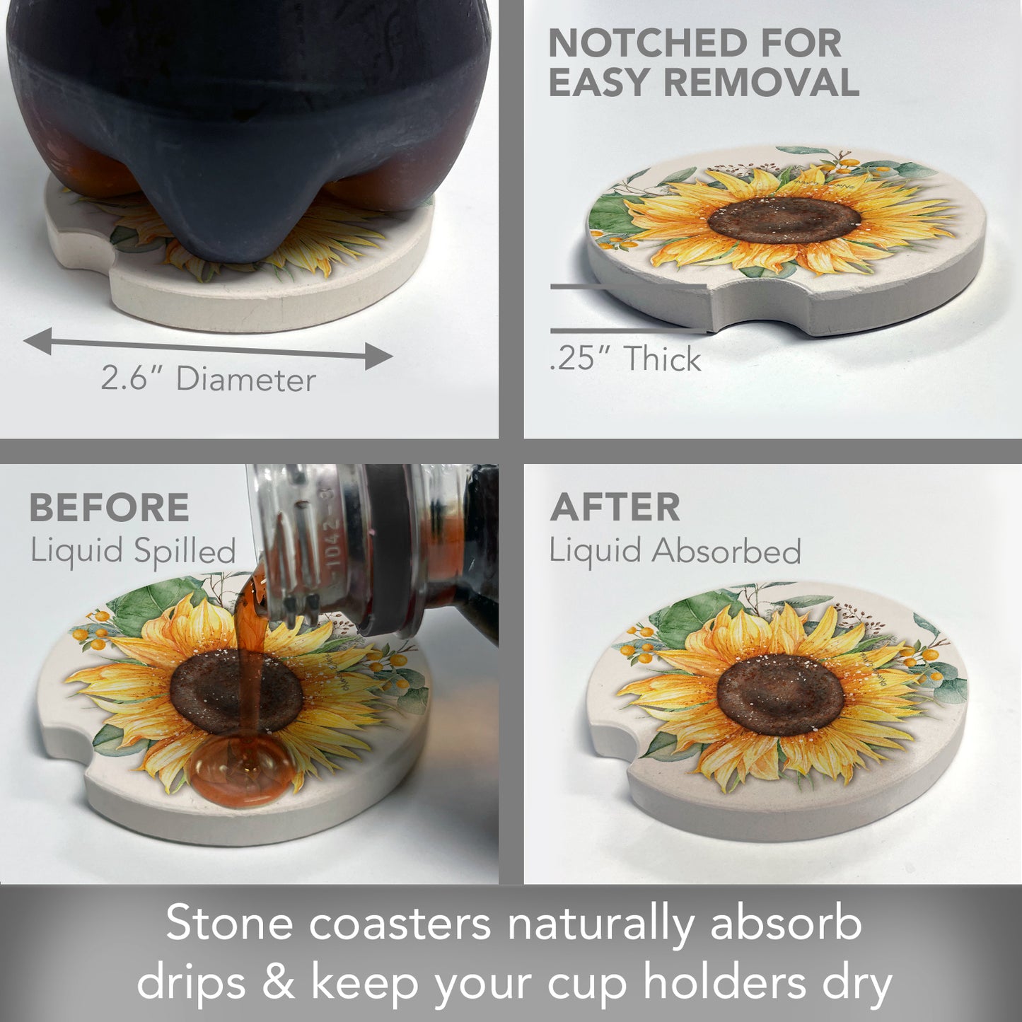 Sunflower Field 2 Pack Absorbent Stone Car Coasters 2.6" Manufactured in the USA