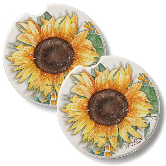 Sunflower Field 2 Pack Absorbent Stone Car Coasters 2.6" Manufactured in the USA