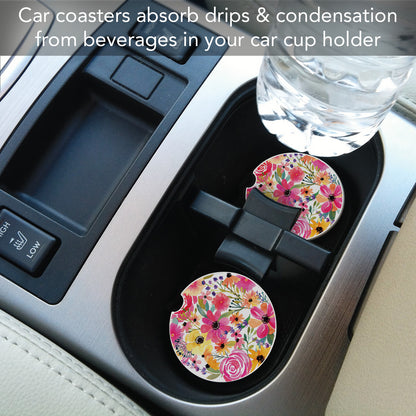 Floral Frenzy 2 Pack Absorbent Stone Car Coasters 2.6" Manufactured in the USA