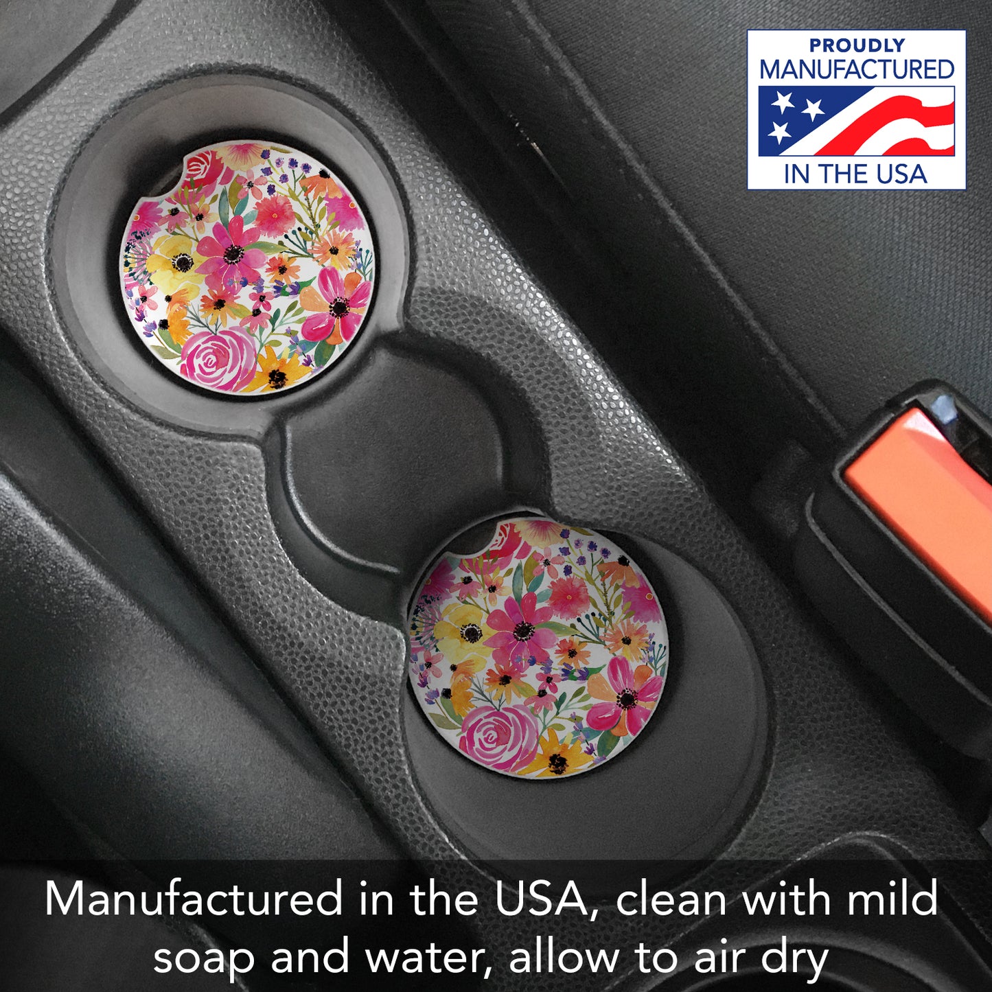 Floral Frenzy 2 Pack Absorbent Stone Car Coasters 2.6" Manufactured in the USA