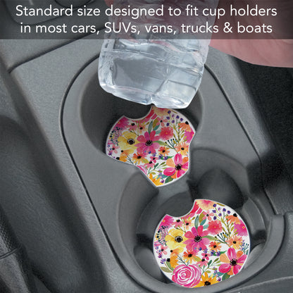 Floral Frenzy 2 Pack Absorbent Stone Car Coasters 2.6" Manufactured in the USA