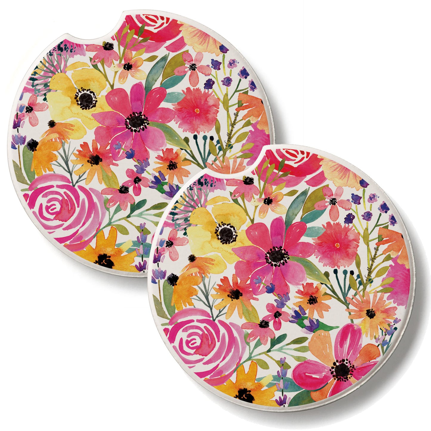 Floral Frenzy 2 Pack Absorbent Stone Car Coasters 2.6" Manufactured in the USA