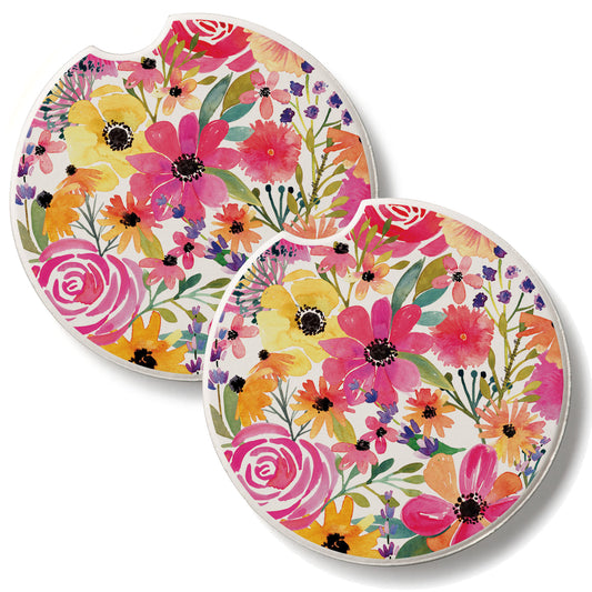 Floral Frenzy 2 Pack Absorbent Stone Car Coasters 2.6" Manufactured in the USA