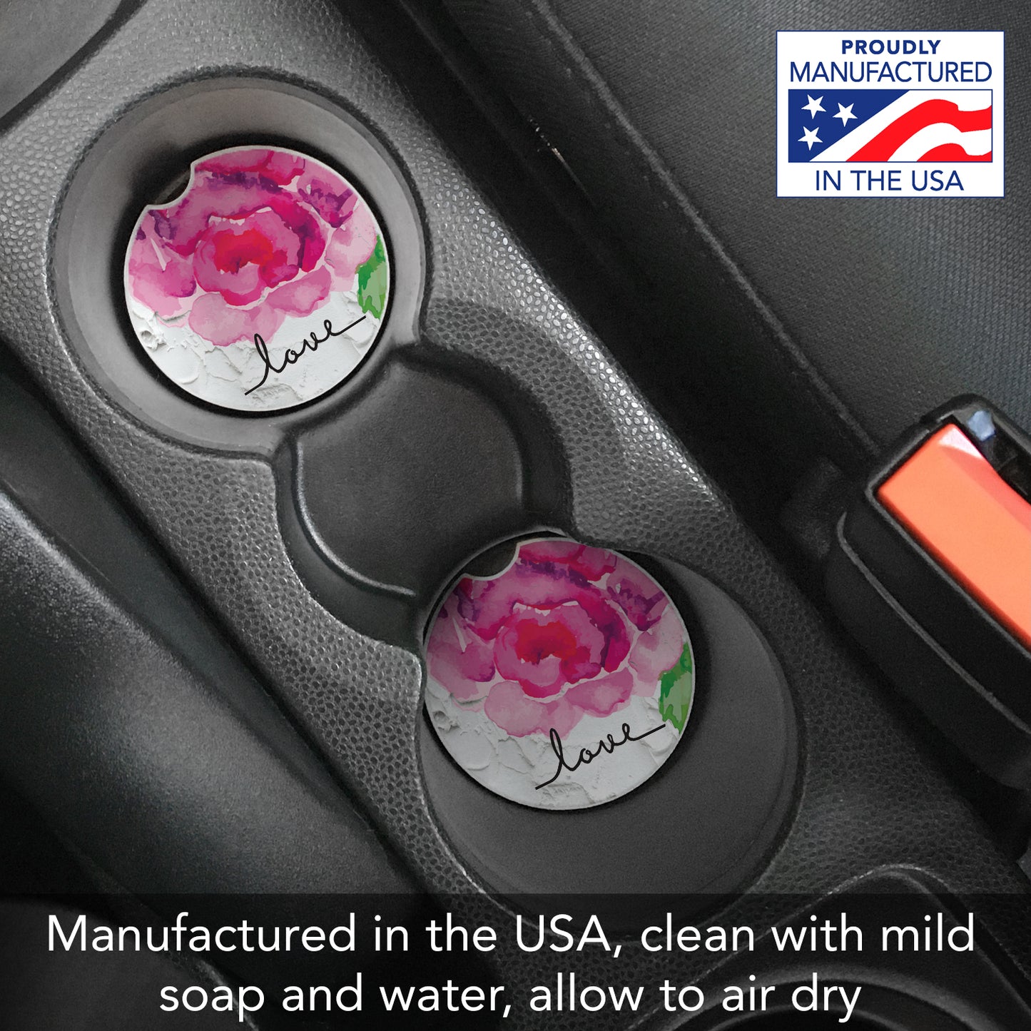 Peony Love 2 Pack Absorbent Stone Car Coasters 2.6" Manufactured in the USA
