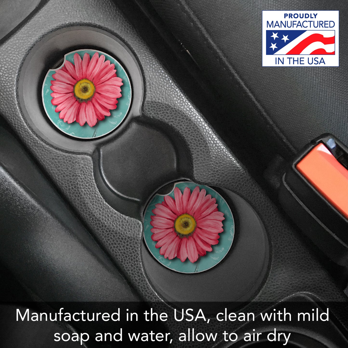 Blooming Daisy 2 Pack Absorbent Stone Car Coasters 2.6" Manufactured in the USA