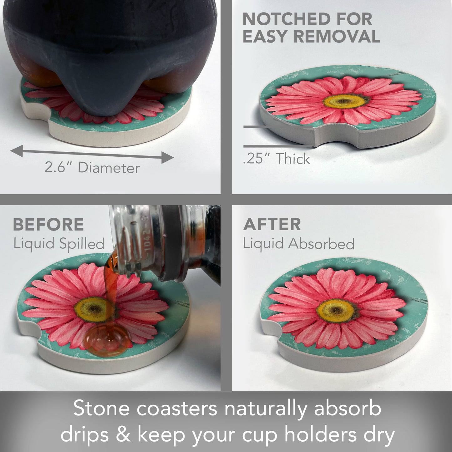 Blooming Daisy 2 Pack Absorbent Stone Car Coasters 2.6" Manufactured in the USA