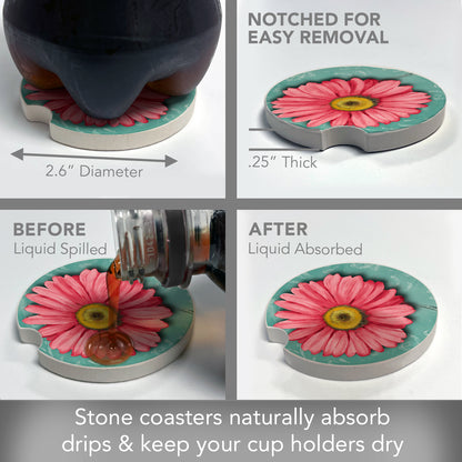 Blooming Daisy 2 Pack Absorbent Stone Car Coasters 2.6" Manufactured in the USA