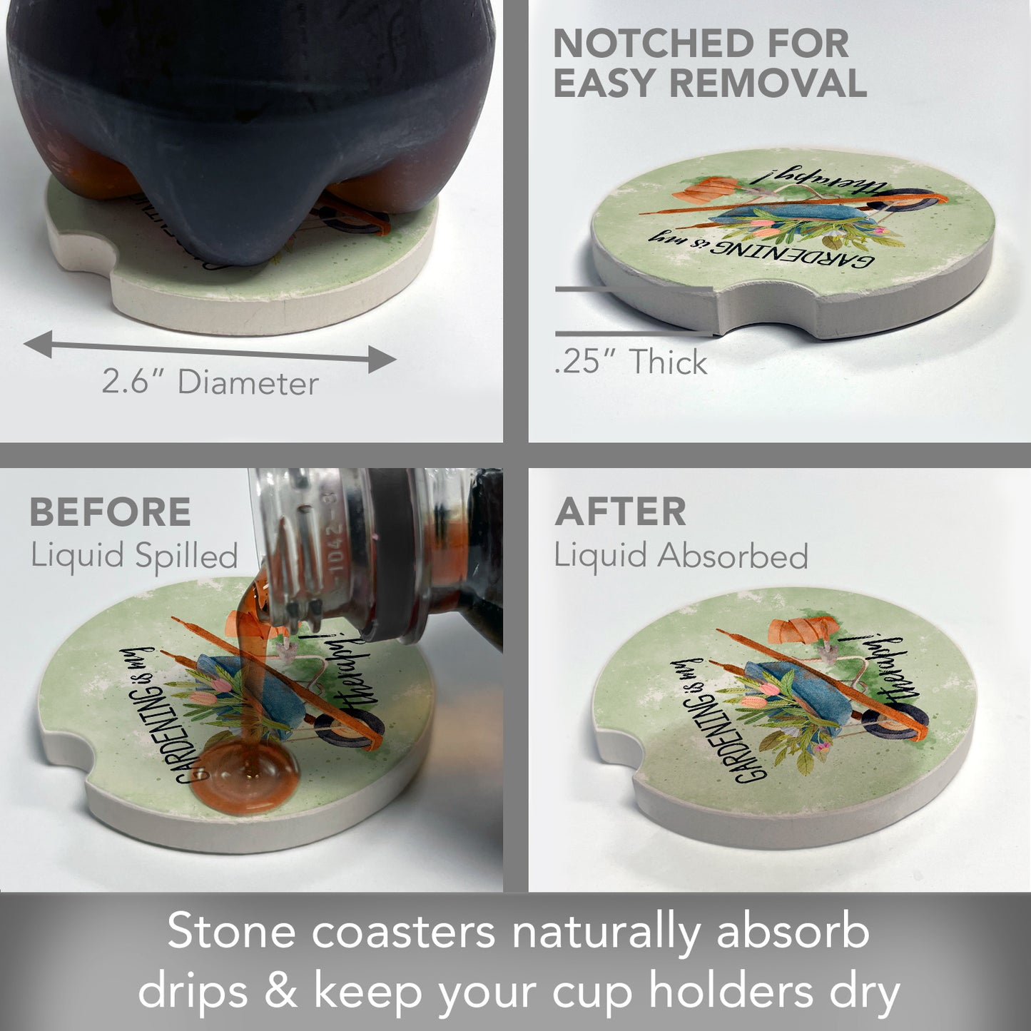 Gardening is My Therapy 2 Pack Absorbent Stone Car Coasters 2.6" Manufactured in the USA