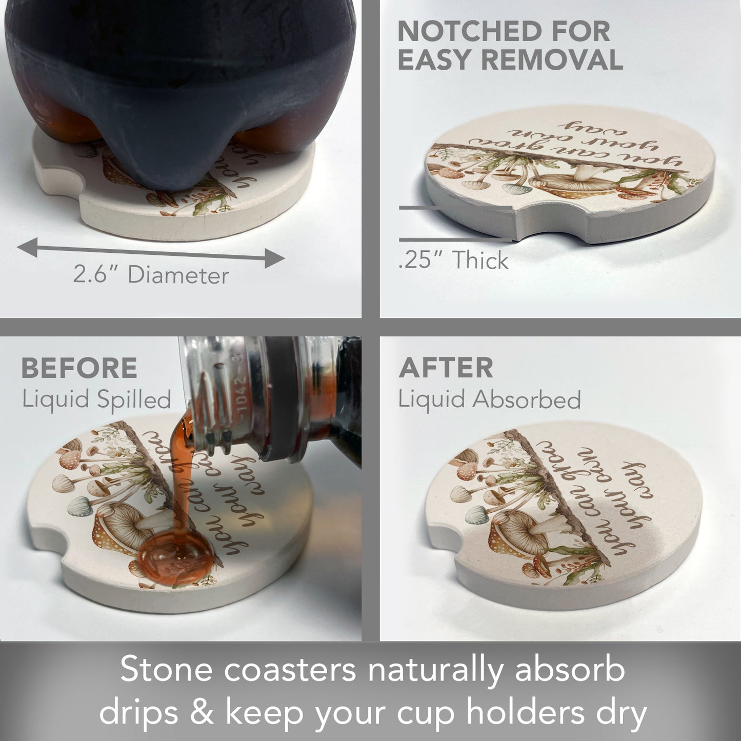 Grow 2 Pack Absorbent Stone Car Coasters 2.6" Manufactured in the USA