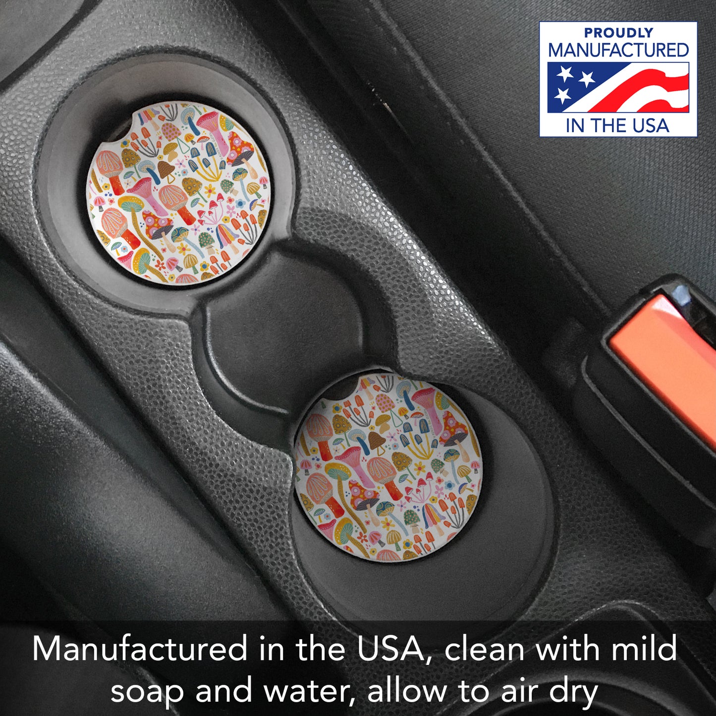 Retro Shrooms 2 Pack Absorbent Stone Car Coasters 2.6" Manufactured in the USA