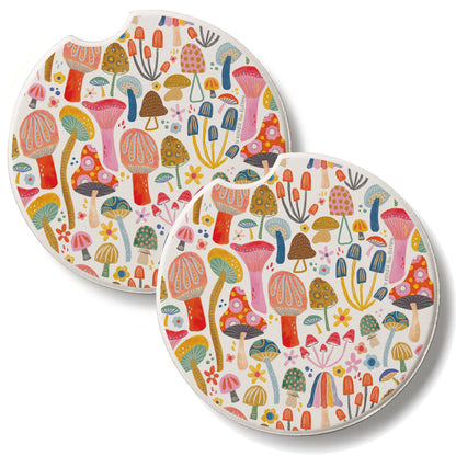 Retro Shrooms 2 Pack Absorbent Stone Car Coasters 2.6" Manufactured in the USA