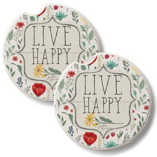Live Happy 2 Pack Absorbent Stone Car Coasters 2.6" Manufactured in the USA