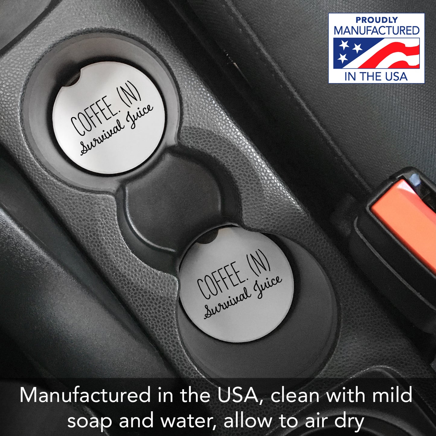 Coffee Survival Juice 2 Pack Absorbent Stone Car Coasters 2.6" Manufactured in the USA