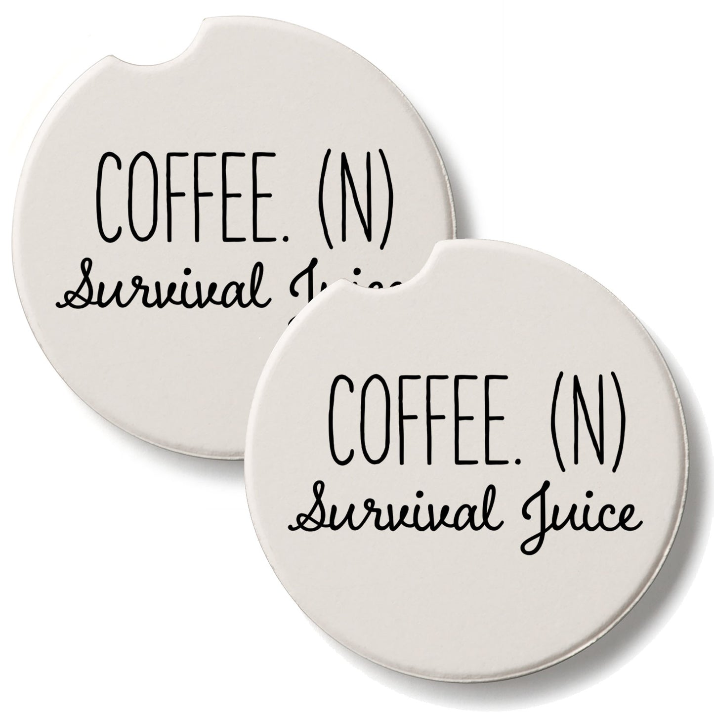 Coffee Survival Juice 2 Pack Absorbent Stone Car Coasters 2.6" Manufactured in the USA