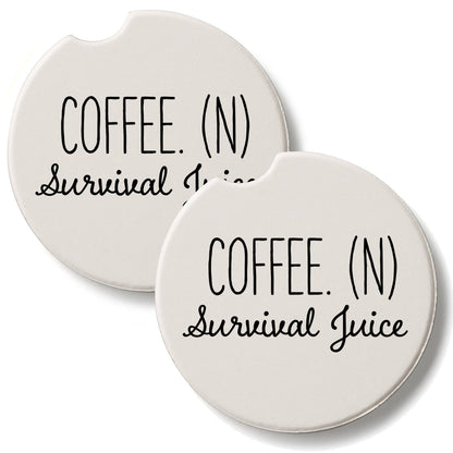Coffee Survival Juice 2 Pack Absorbent Stone Car Coasters 2.6" Manufactured in the USA