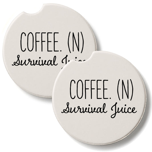 Coffee Survival Juice 2 Pack Absorbent Stone Car Coasters 2.6" Manufactured in the USA