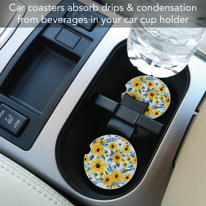 Sapphire Gold Sunflowers 2 Pack Absorbent Stone Car Coasters 2.6" Manufactured in the USA