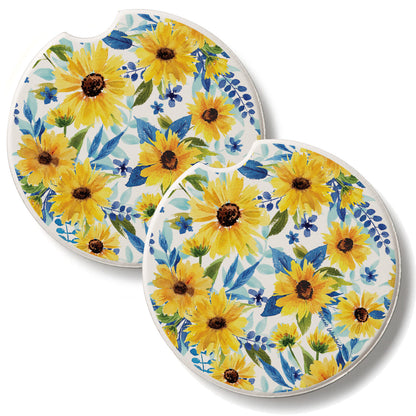 Sapphire Gold Sunflowers 2 Pack Absorbent Stone Car Coasters 2.6" Manufactured in the USA