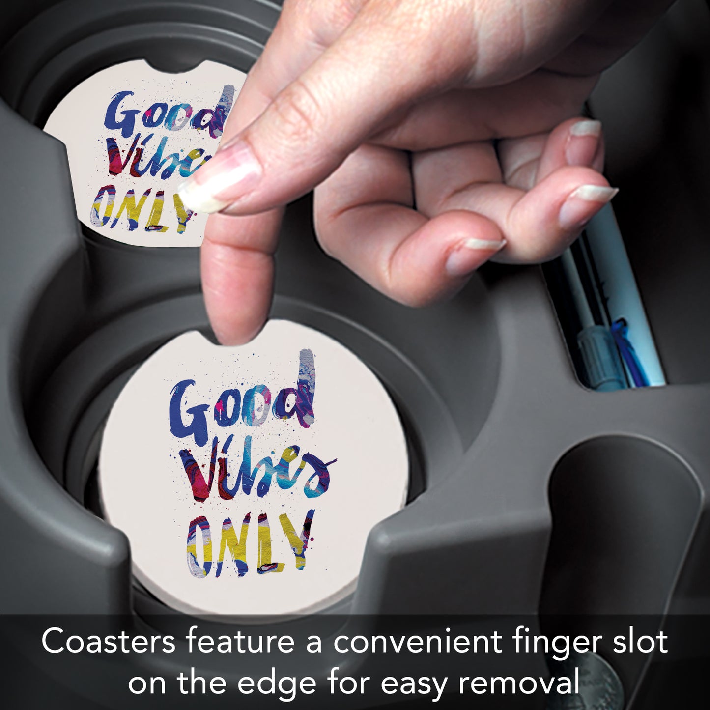 Good Vibes Only 2 Pack Absorbent Stone Car Coasters 2.6" Manufactured in the USA