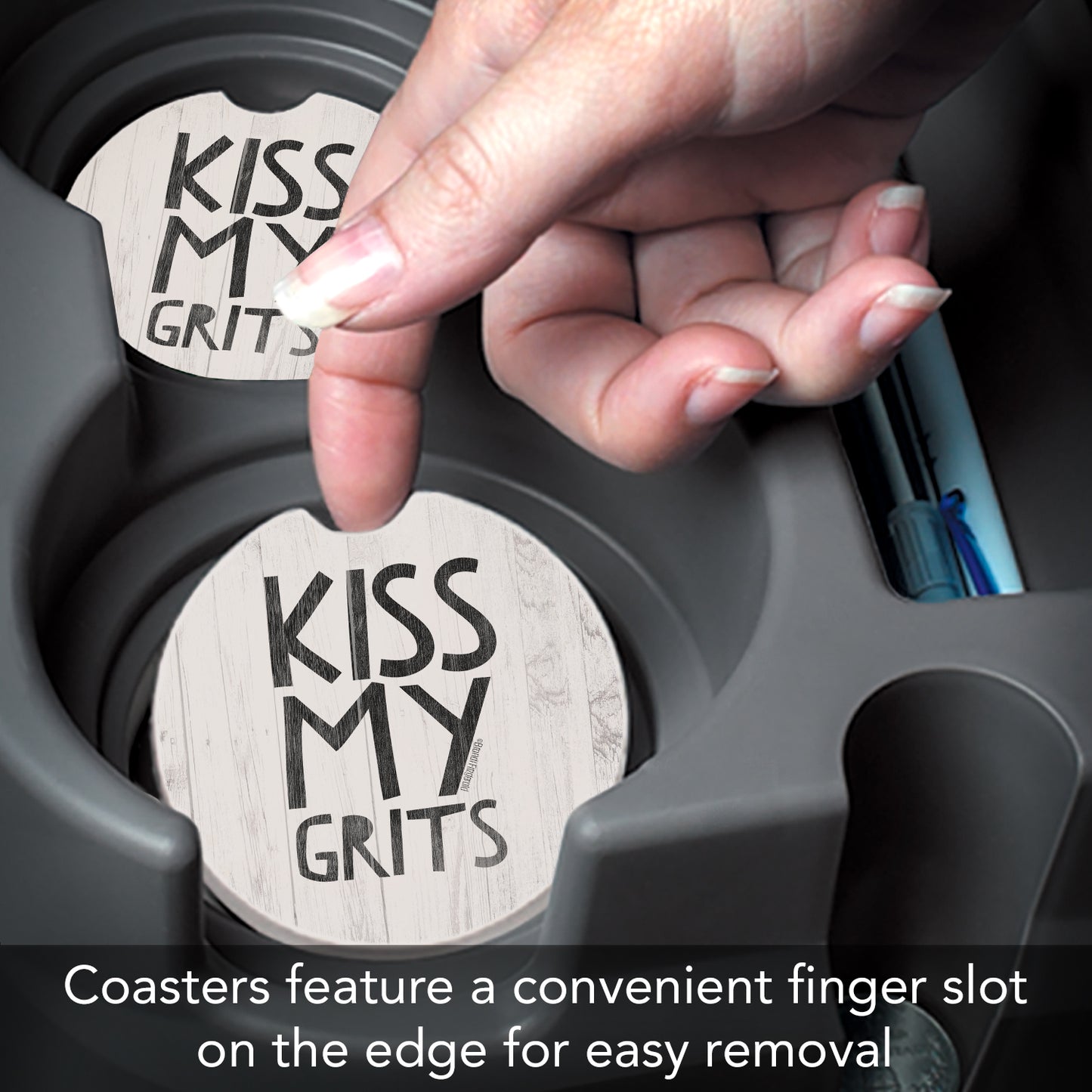Kiss My Grits 2 Pack Absorbent Stone Car Coasters 2.6" Manufactured in the USA