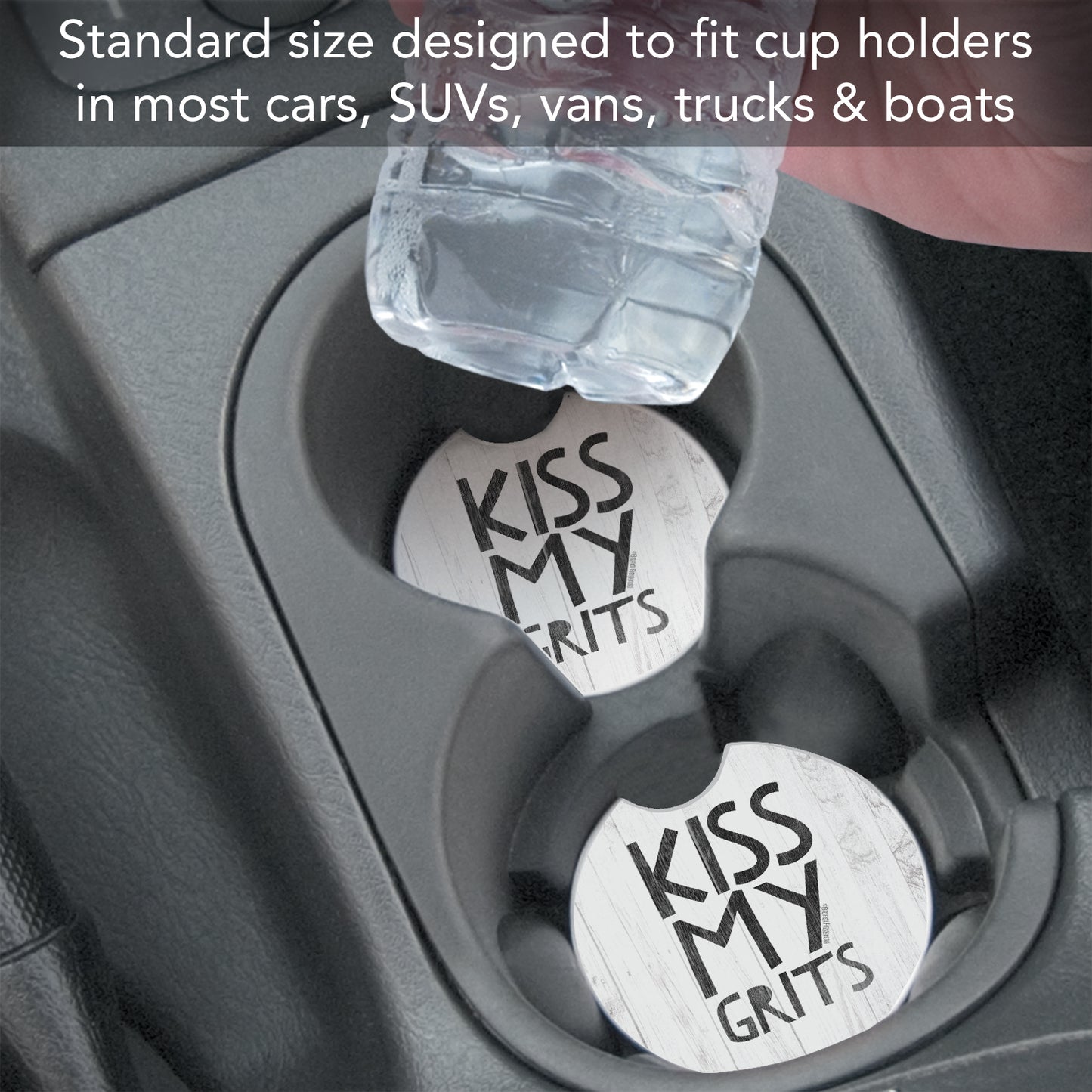 Kiss My Grits 2 Pack Absorbent Stone Car Coasters 2.6" Manufactured in the USA