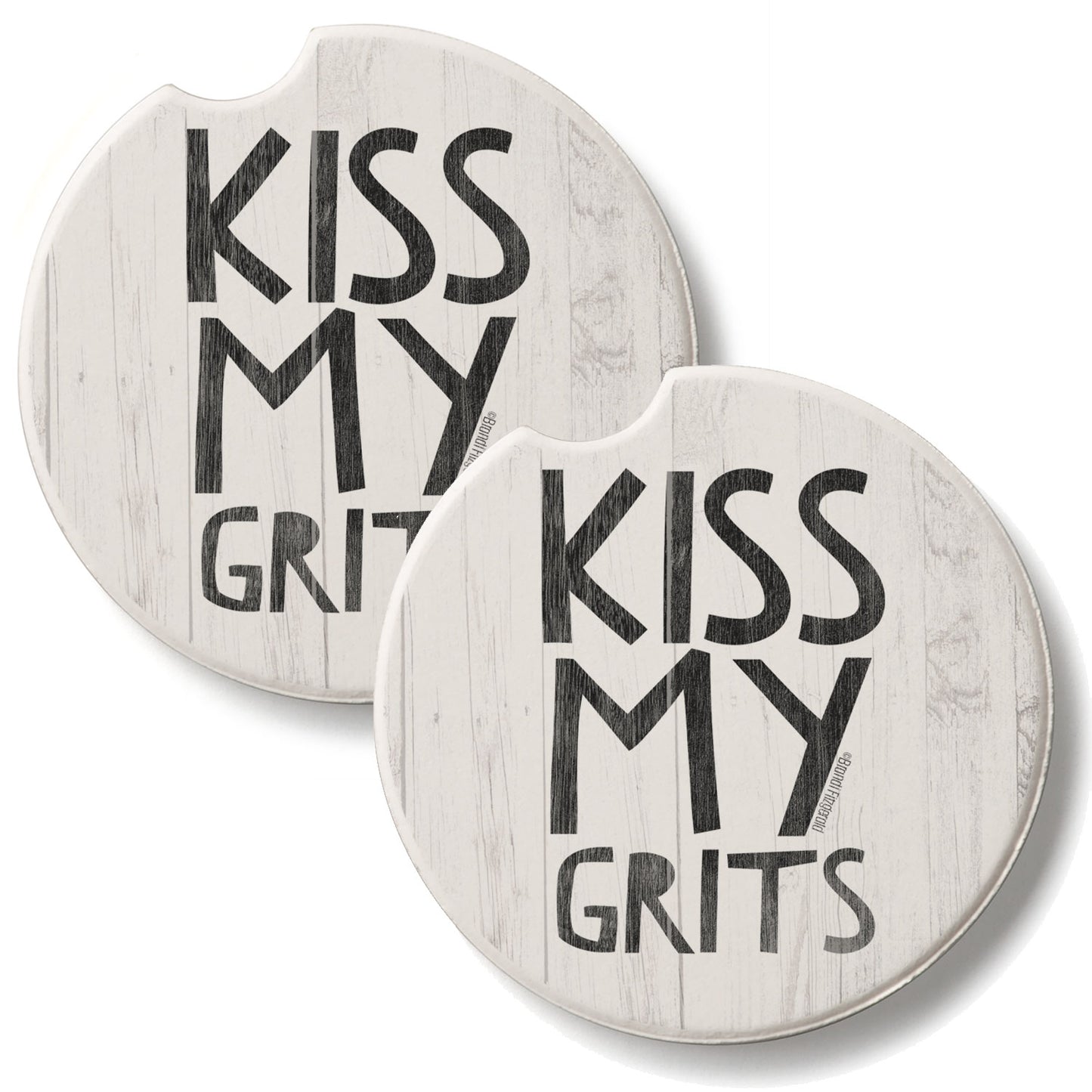 Kiss My Grits 2 Pack Absorbent Stone Car Coasters 2.6" Manufactured in the USA