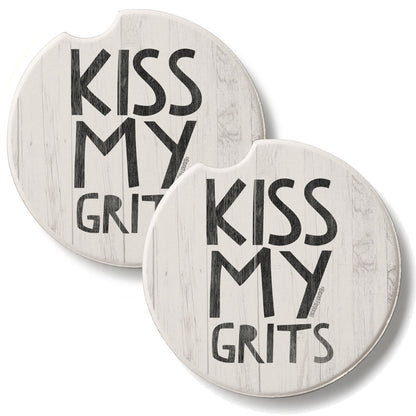 Kiss My Grits 2 Pack Absorbent Stone Car Coasters 2.6" Manufactured in the USA