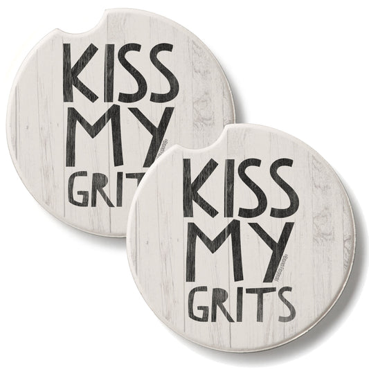 Kiss My Grits 2 Pack Absorbent Stone Car Coasters 2.6" Manufactured in the USA