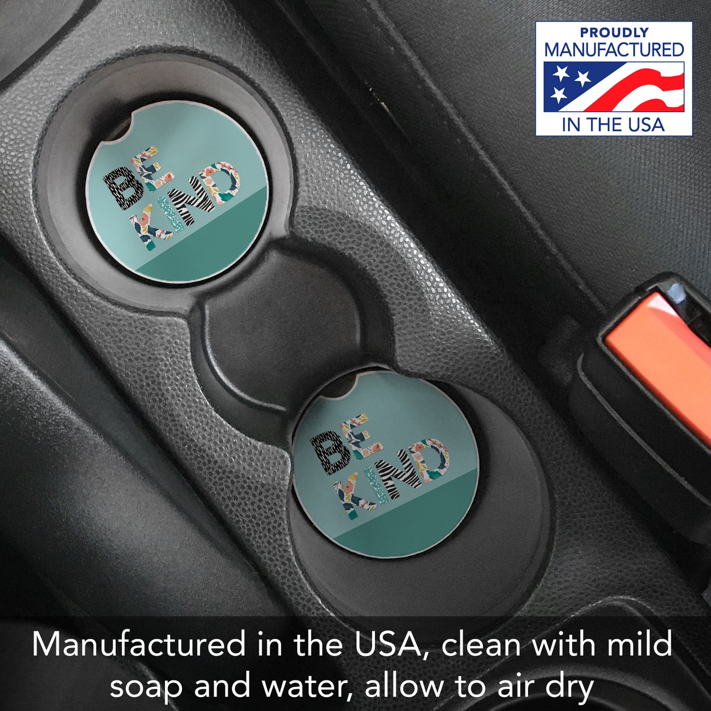 Floral Be Kind 2 Pack Absorbent Stone Car Coasters 2.6" Manufactured in the USA