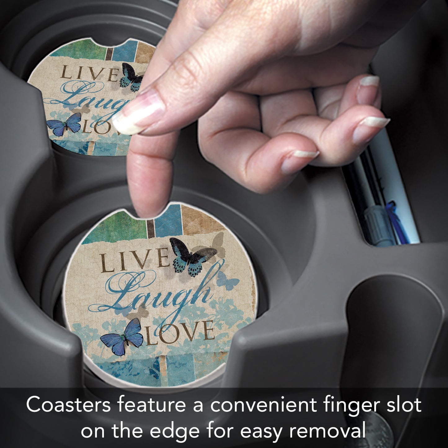 Live Laugh Love 2 Pack Absorbent Stone Car Coasters 2.6" Manufactured in the USA