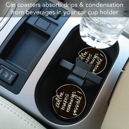 Coffee Makes Mornings 2 Pack Absorbent Stone Car Coasters 2.6" Manufactured in the USA