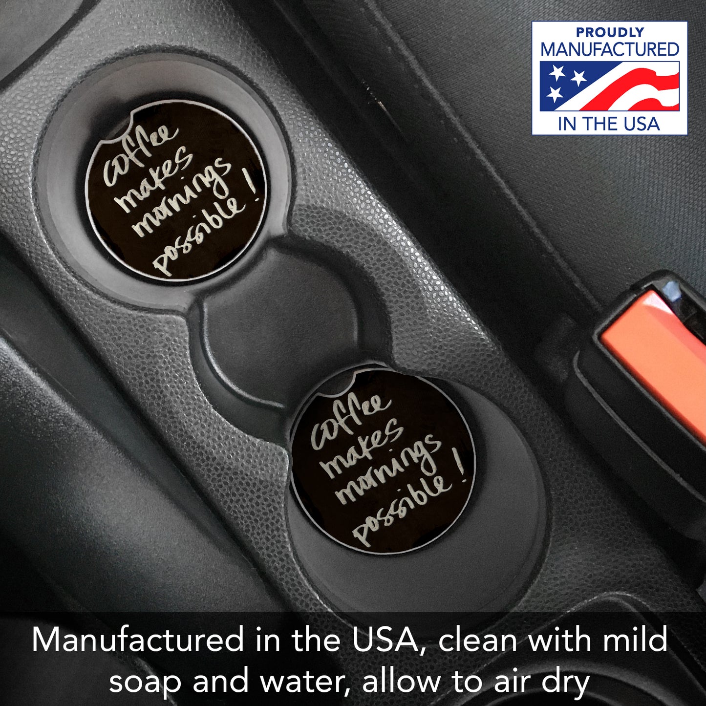 Coffee Makes Mornings 2 Pack Absorbent Stone Car Coasters 2.6" Manufactured in the USA