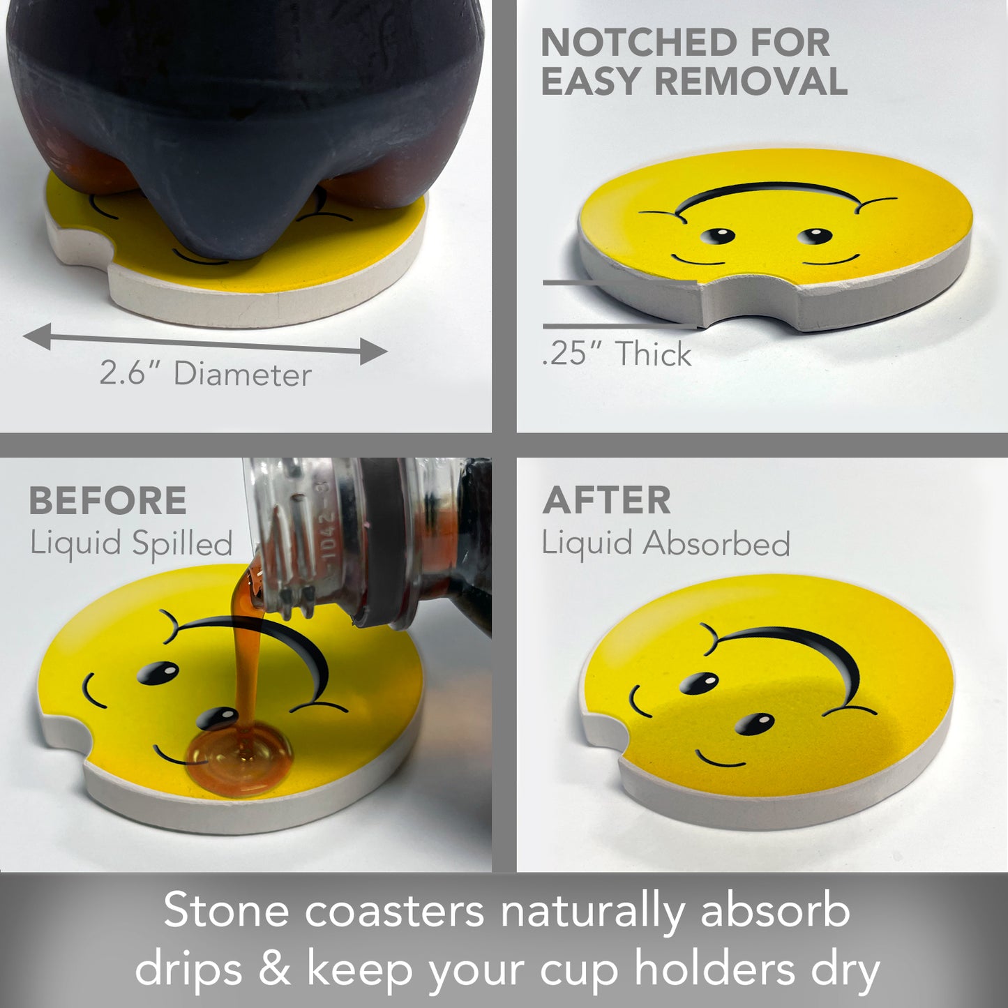 Happy Face 2 Pack Absorbent Stone Car Coasters 2.6" Manufactured in the USA