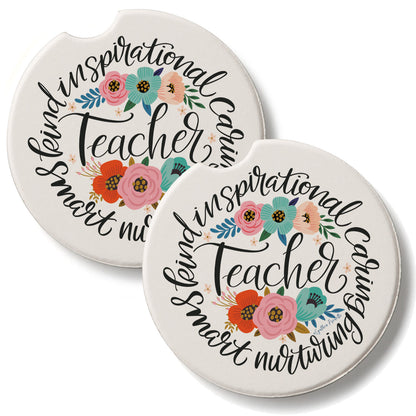 Teacher Words 2 Pack Absorbent Stone Car Coasters 2.6" Manufactured in the USA