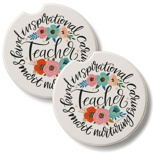 Teacher Words 2 Pack Absorbent Stone Car Coasters 2.6" Manufactured in the USA