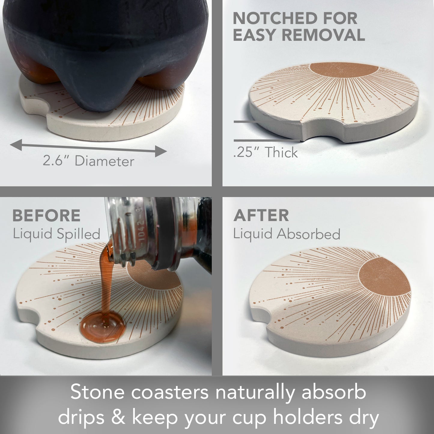 Mocha Sunrise 2 Pack Absorbent Stone Car Coasters 2.6" Manufactured in the USA