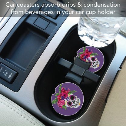 Skull Flowers 2 Pack Absorbent Stone Car Coasters 2.6" Manufactured in the USA