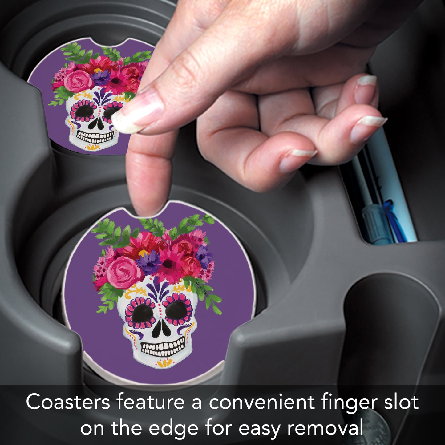 Skull Flowers 2 Pack Absorbent Stone Car Coasters 2.6" Manufactured in the USA
