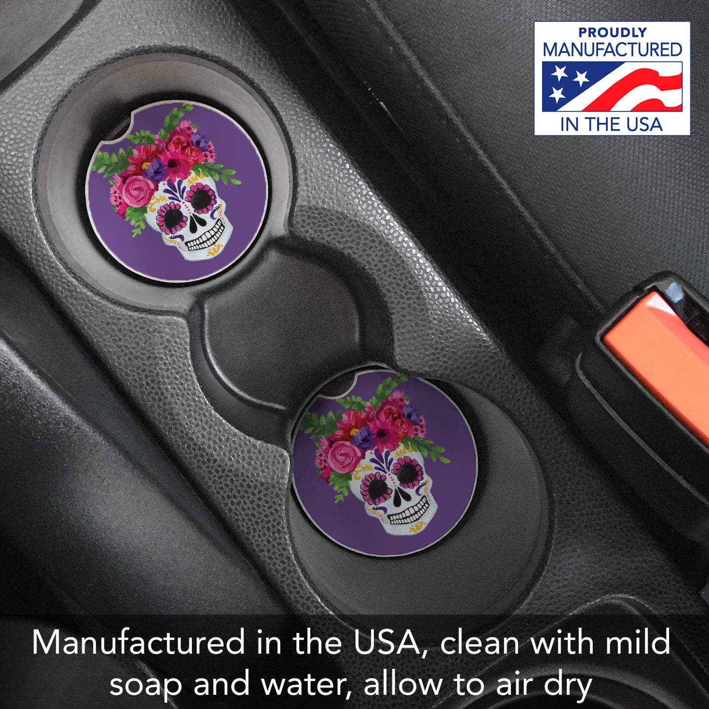 Skull Flowers 2 Pack Absorbent Stone Car Coasters 2.6" Manufactured in the USA